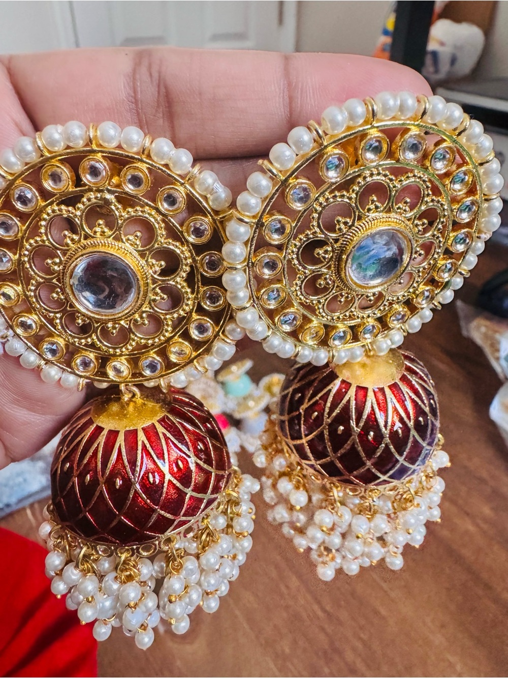 Handcrafted Gold-Tone Red Pearl Jhumka Earrings - Women Jewelry